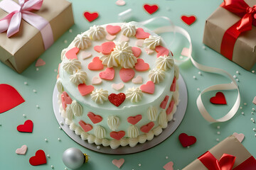 bento cake with gift boxes and hearts on green background. Valentine Day celebration
