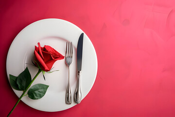 Top view white plate with fork, knife, and red rose for Valentine Day