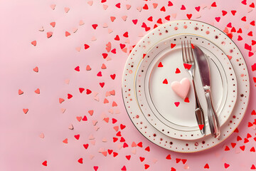 flat lay white plate with heart-shaped confetti Valentine Day concept