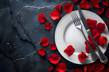 white plate with rose petals black stone background for Valentine Day