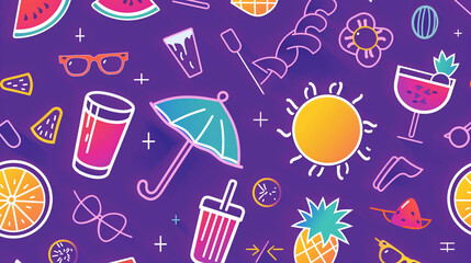 Seamless summer pattern with white linear icons of fruits, drinks, and accessories on purple background