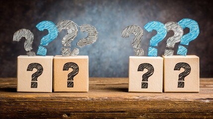 Two wooden blocks featuring question marks highlighting inquiry and engagement for content guidance in poll suggestions