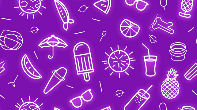 Seamless summer pattern with white linear icons of fruits, drinks, and accessories on purple background