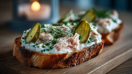 Toasted bread topped with creamy spread, pickles, and fresh herbs.