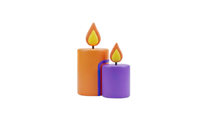 Two lit candles, one orange and one purple