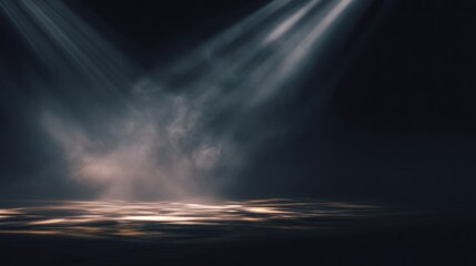 Two bright spotlights cast beams down, illuminating a misty, hazy ground against a dark backdrop with subtle reflections