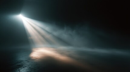 A powerful, ethereal light beam descends into a dark, cavernous space filled with fog, creating dramatic shadows and atmosphere