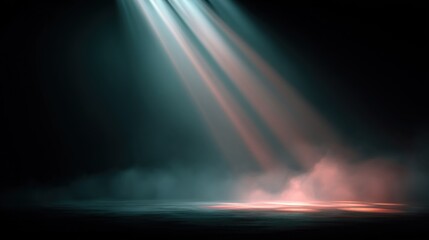 Radiant beams pierce darkness, illuminating misty ground. Ethereal scene with atmospheric drama and subtle glow