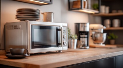 A modern kitchen scene showcasing a microwave oven on a wood countertop with plates, cups, a coffee machine, and a mixer. Shelves with decor in the background