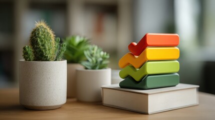 Green plant and stack of colorful blocks representing a chat upsell flow icon concept for interactive user engagement