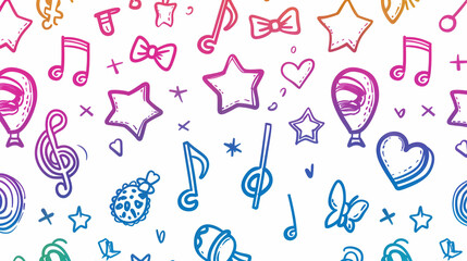 Colorful hand-drawn doodle pattern with music symbols, stars, bows, and hearts