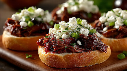 Open-faced sandwiches with shredded meat, cheese, and chopped green onions on bread.