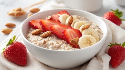Oat porridge served in white bowl, garnished with fruit and almonds on a cloth