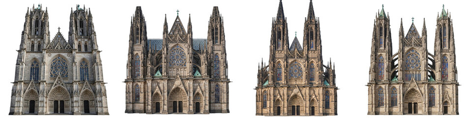 Fototapeta premium Set of Gothic Cathedral Facades with Twin Towers Isolated on White Background