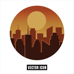 Obraz premium Cityscape Silhouette Vector Illustration with Sunset Sun and Downtown Buildings