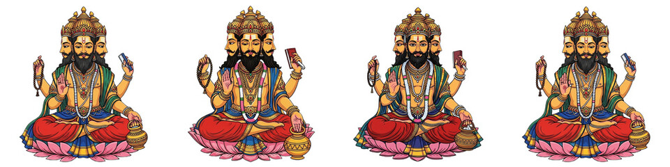 Set of Goddess Kali Illustrations Sitting on Lotus Isolated on White Background