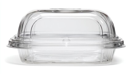 Transparent, square, plastic container with a fitted lid, casting shadow on white surface