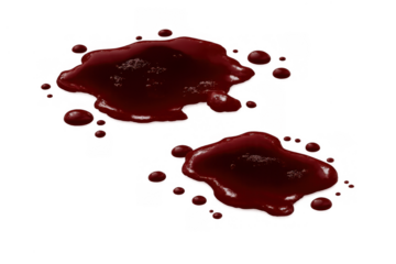 Puddles of red blood with splatters and drops, creating a crime scene simulation, transparent background