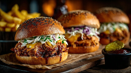 Three pulled pork sandwiches with coleslaw and pickles on a wooden serving board.