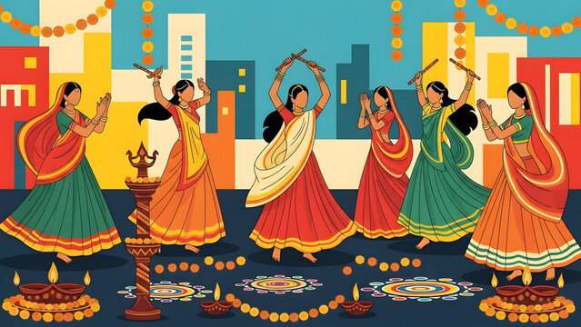 Indian women in colorful traditional dress celebrating Navratri festival, showing vibrant cultural folk dance with ethnic garment and ornate heritage pattern.