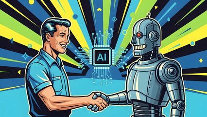 futuristic human machine partnership expressing trust, cooperation, ethical innovation, and smart technology collaboration. Man and humanoid robot shaking hands with artificial intelligence chip symbo