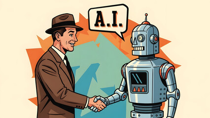 Man and humanoid robot shaking hands with artificial intelligence speech bubble, symbolic human machine dialogue highlighting trust, collaboration, ethical communication, and future partnership in adv