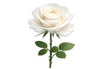 Fototapeta premium Elegant white rose blossom with green stem and leaves, representing romance, beauty, and grace, transparent background