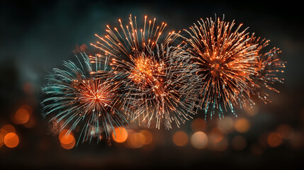 Fireworks explode in vibrant colors against a dark night sky.