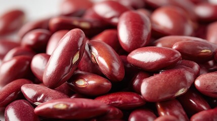 Close-up shot of a pile of kidney beans, showcasing their rich, dark-red hue and smooth, slightly glossy texture. 