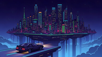 Futuristic synthwave metropolis at dusk featuring glowing nebulous clouds above a towering urban cityscape with a sleek black sports coupe parked on a dark highway