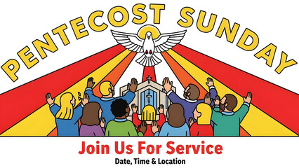 Vibrant Pentecost Sunday Church Service Flyer featuring Holy Spirit Dove and Tongues of Fire for Religious Celebration Invitation Poster