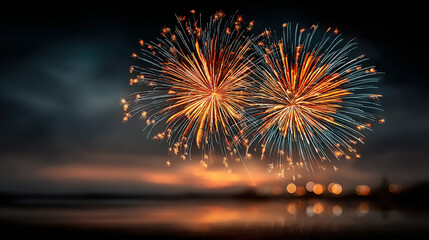 colorful fireworks illuminating the night sky over a dark horizon.