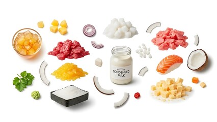 Assortment of fresh ingredients for culinary creation including fish, fruits, and dairy products laid out on a white background