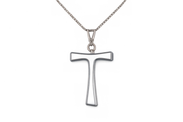 Tau cross pendant necklace in silver, a christian franciscan symbol, representing faith and religion, transparent background