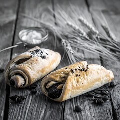 Two pastries, filled with dark jam & topped with poppy seeds, sitting on a rustic wooden surface with wheat stalks