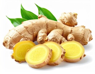 Fresh ginger root and slices with vibrant green leaves on white