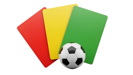A soccer ball surrounded by red, yellow, and green cards on transparent background