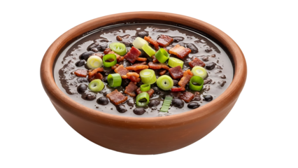 A clay bowl filled with a hearty serving of feijoada soup on transparent background
