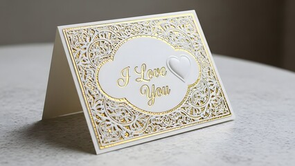 A romantic white and gold greeting card with intricate laser cut design on a white background