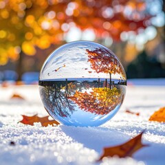 A crystal ball on snow reflects fall foliage and sky