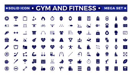 Gym and fitness solid icon set. Containing healthy lifestyle, weight training, body care, and workout or exercise equipment icons. Solid icon collection.