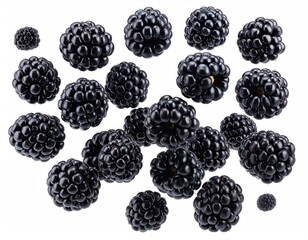 Fresh, ripe, and juicy blackberries are scattered against a white background