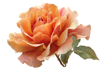 Apricot rose bloom, textured petals, leaves, black background