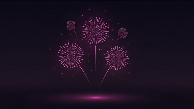 Vibrant pink fireworks exploding in a dark night sky with a subtle glowing ground effect with celebration