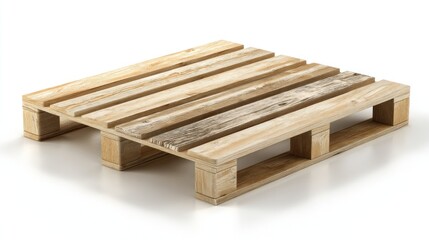 An eye-level isolated view of a weathered, light-colored, wooden pallet on a seamless white surface