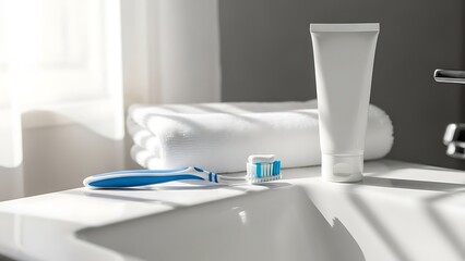 Maintaining dental health through proper oral hygiene in a clean bathroom setting with a toothbrush and toothpaste