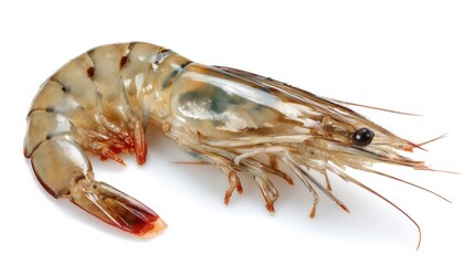 Raw, grey-brown shrimp shown against a white backdrop, with whiskers and small legs visible