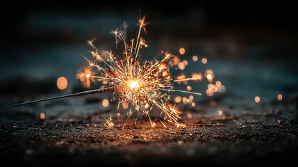 Sparkler lit on the ground, sparks flying in various directions.