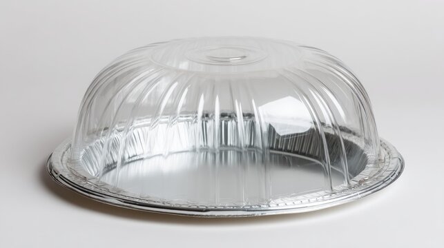 Shiny metal pie tin with clear plastic dome lid, sitting isolated on a white surface