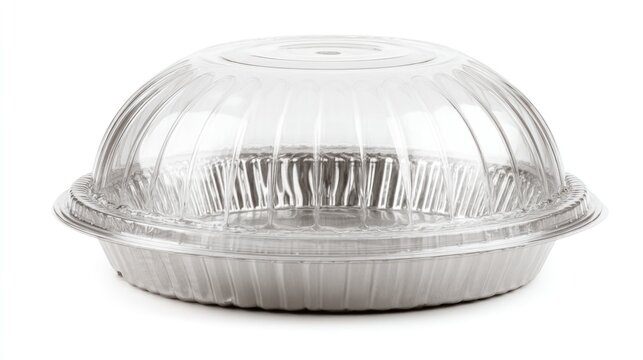 Foil pie tin with a clear plastic dome lid on a white background